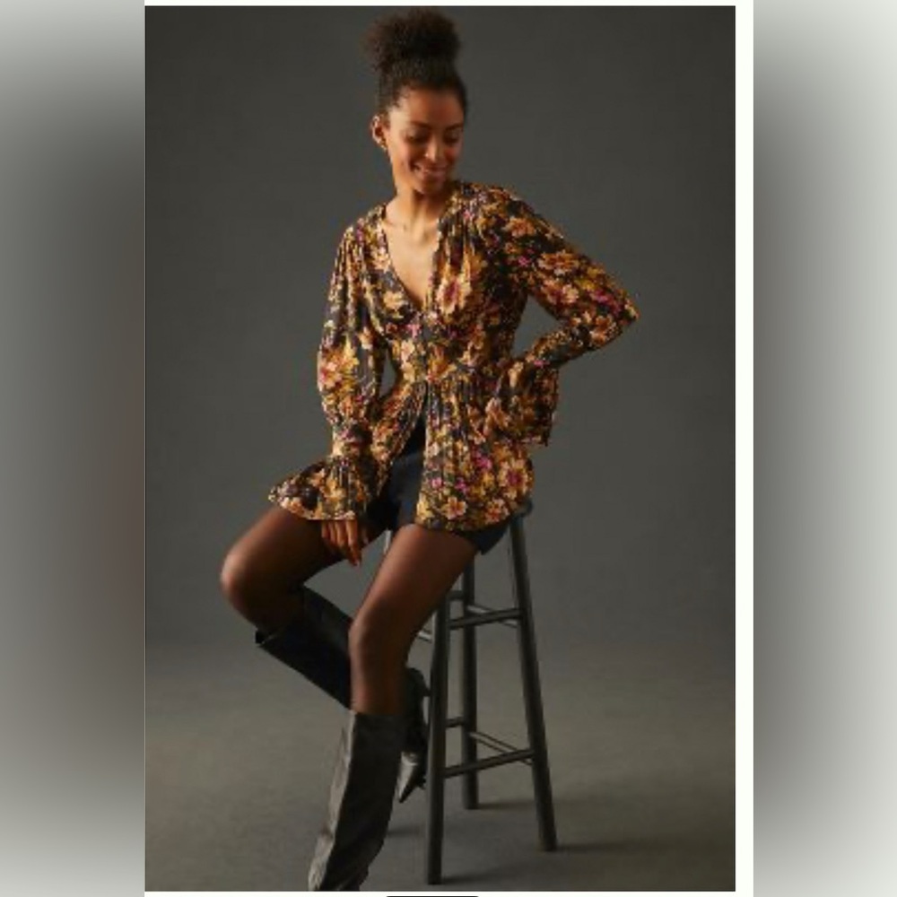 NWT Anthropologie, satin floral motif with button front and flare sleeves